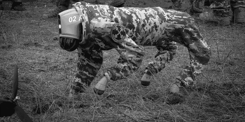 un chien robot utilisé en Ukraine, il marche dans une foret