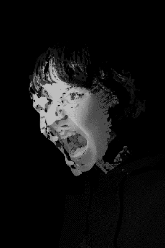 image 3D noir et blanc où l'on voit un portrait d'une jeune femme qui crie, cependant, le scan a produit deux visages entrechâssés