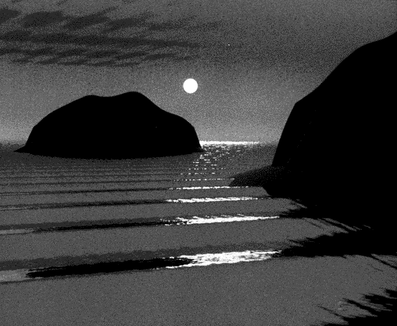 image 3D montrant une ile depuis un bord de mer de nuit