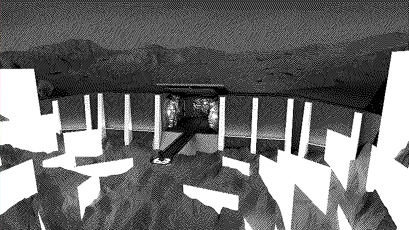 vue d'une salle avec une passerelle posée dans un décors rocheux équipé de panneaux lumineux