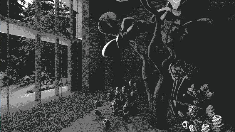 des plantes sont installées dans une salle ouverte vers l'exétieur, dehors, un paysage de foret de sapins enneigée