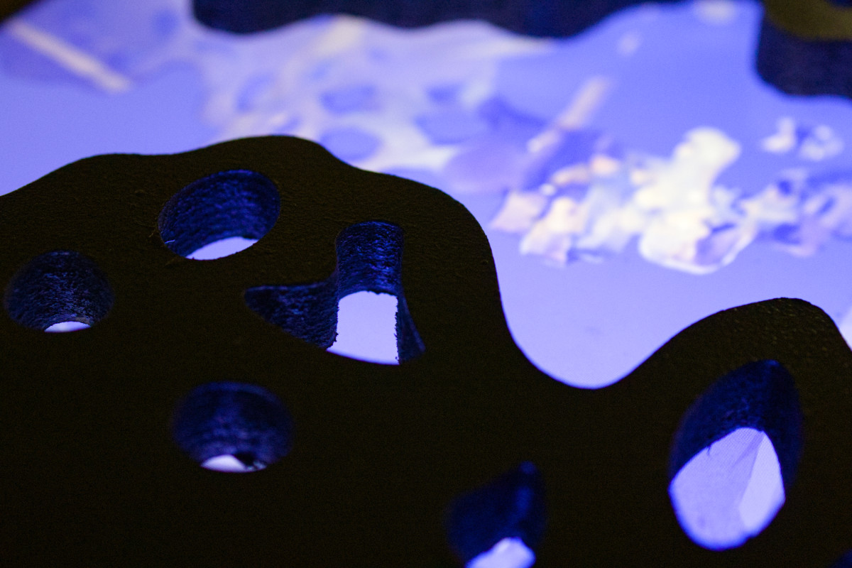Images 3D bleues derrière des formes de bois sculptées